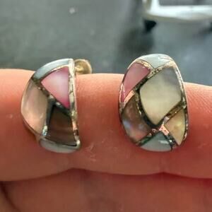 Vintage Sterling Silver Mosaic Inlay Earrings | .925 | Mother of Pearl & Abalone